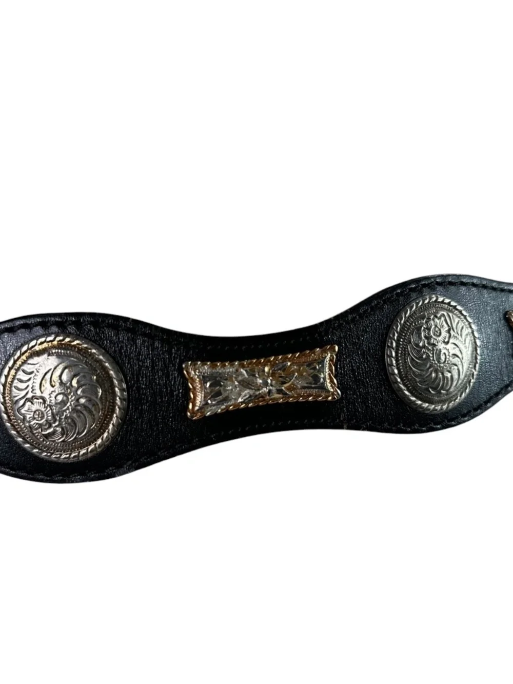 Vintage Black Leather Western Concho Belt Silver Engraved Buckle Boho Size 32